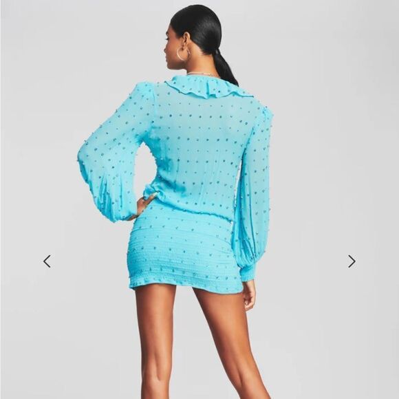 Retrofete Lennon Dress embellished smocked mini chiffon rhinestone acqua blue M - Picture 2 of 15